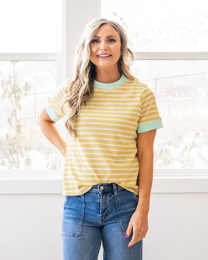 NEW! Asher Contrast Striped Cloud Knit Top - Mellow Yellow & Mint