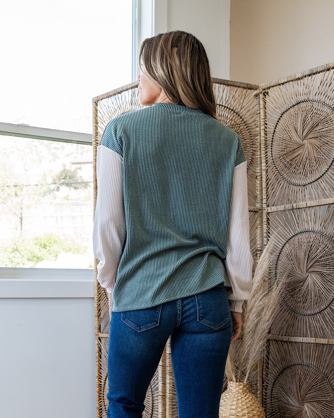 Addison Color Block Corded Split Neck Top - Moss, Taupe & Oat Lovely Melody