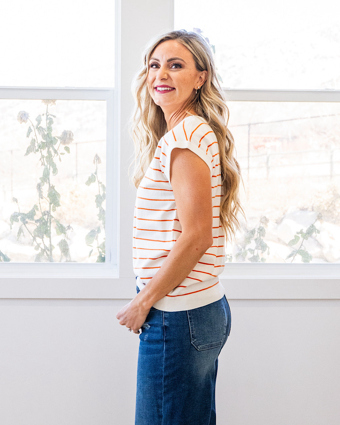 Allie Striped Short Sleeve Sweater - Ivory & Rust Staccato