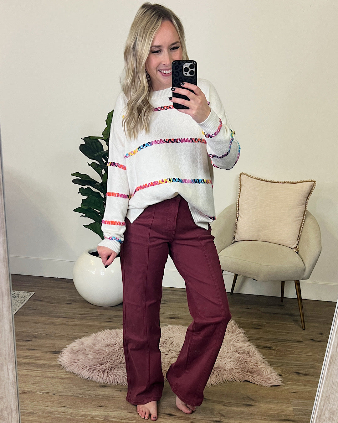 Dodged a Bullet Rainbow Stitch Sweater - Ivory  Staccato   