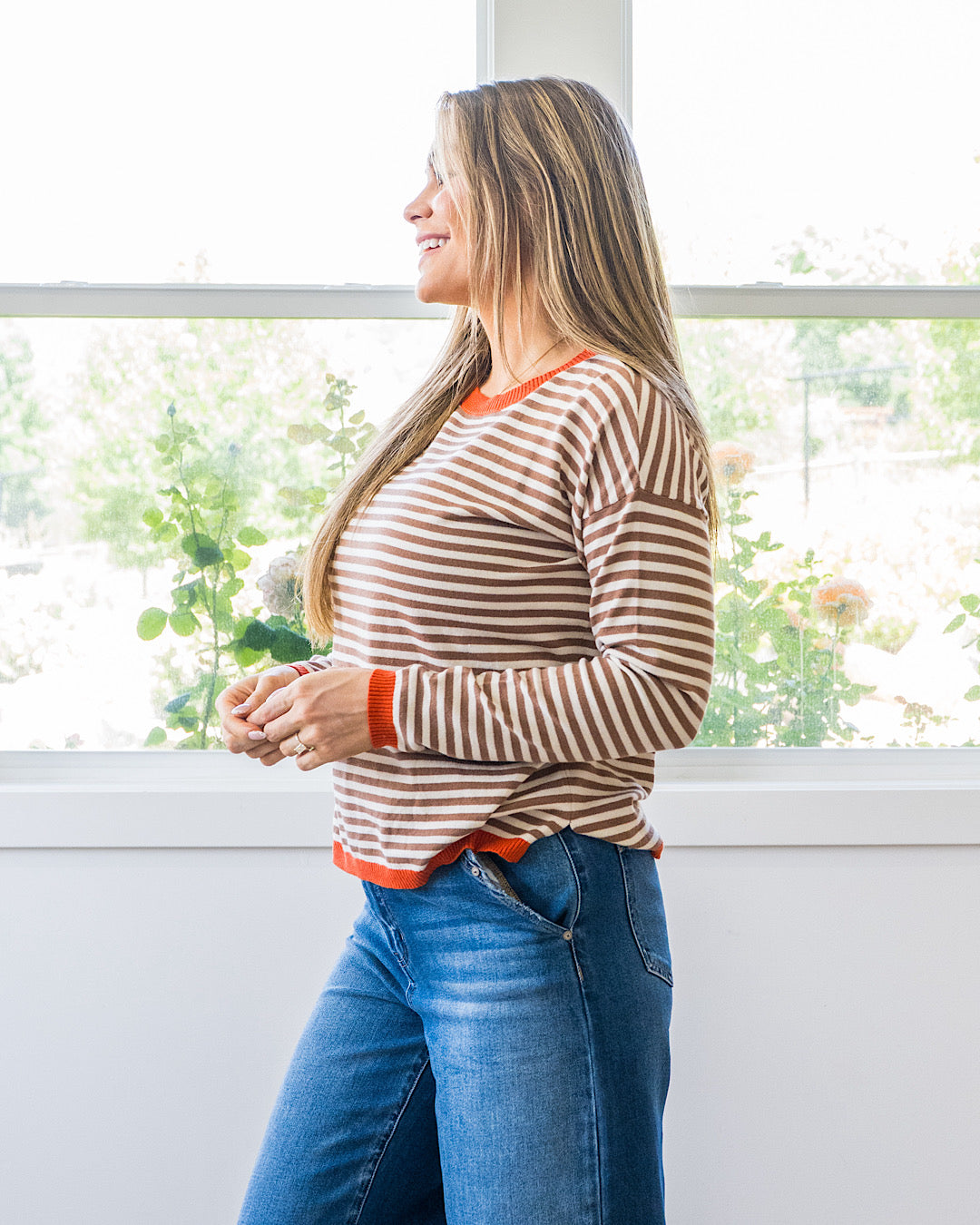 NEW! Kathryn Mocha Striped Side Slit Sweater - Orange