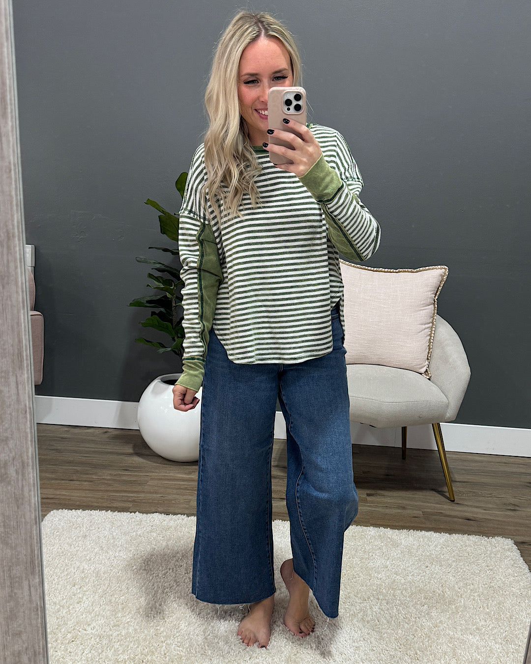 Extra Credit Striped Thermal Top - Green  Hem & Thread   