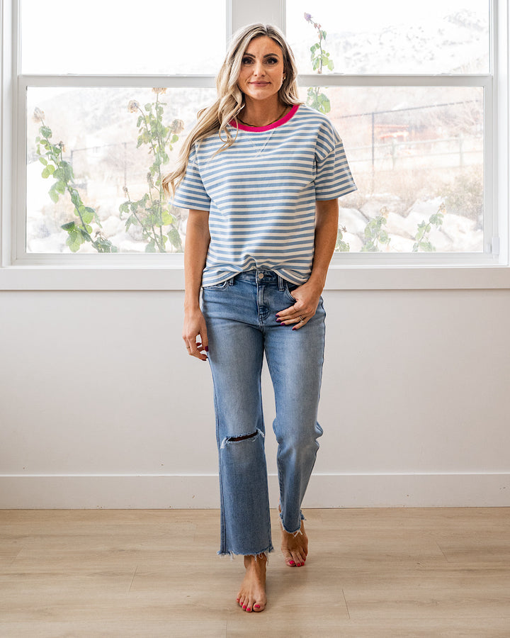 NEW! Ellie Contrast Striped Top - Sky Blue & Pink