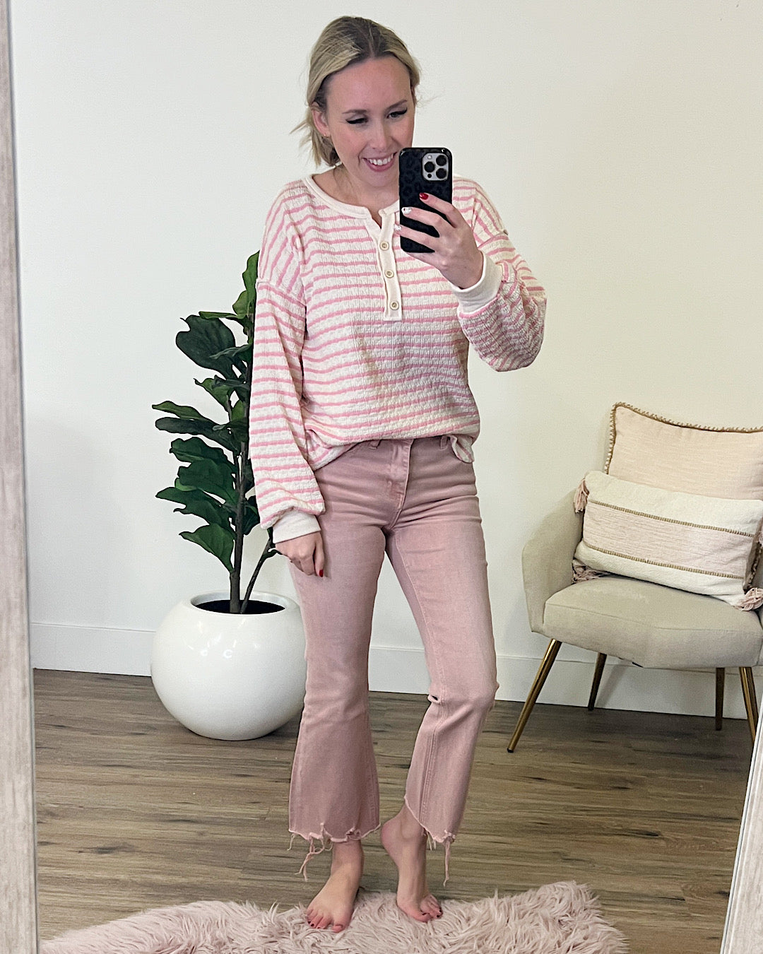 Layla Candy Pink Stripe Henley Top  7th Ray   