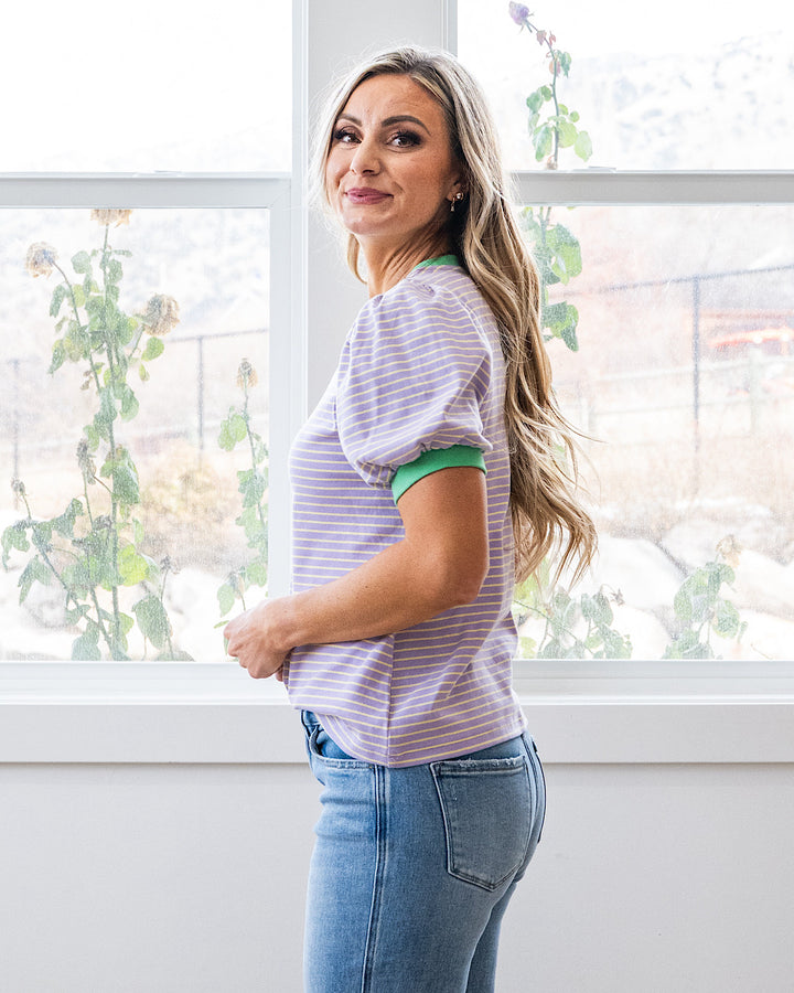 NEW! Becky Striped Puff Sleeve Top - Lavender & Green Staccato