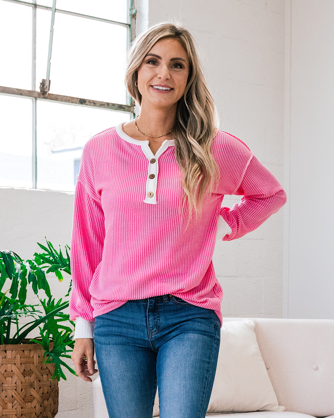 Kenna Corded Henley Top - Fondant Pink  7th Ray   