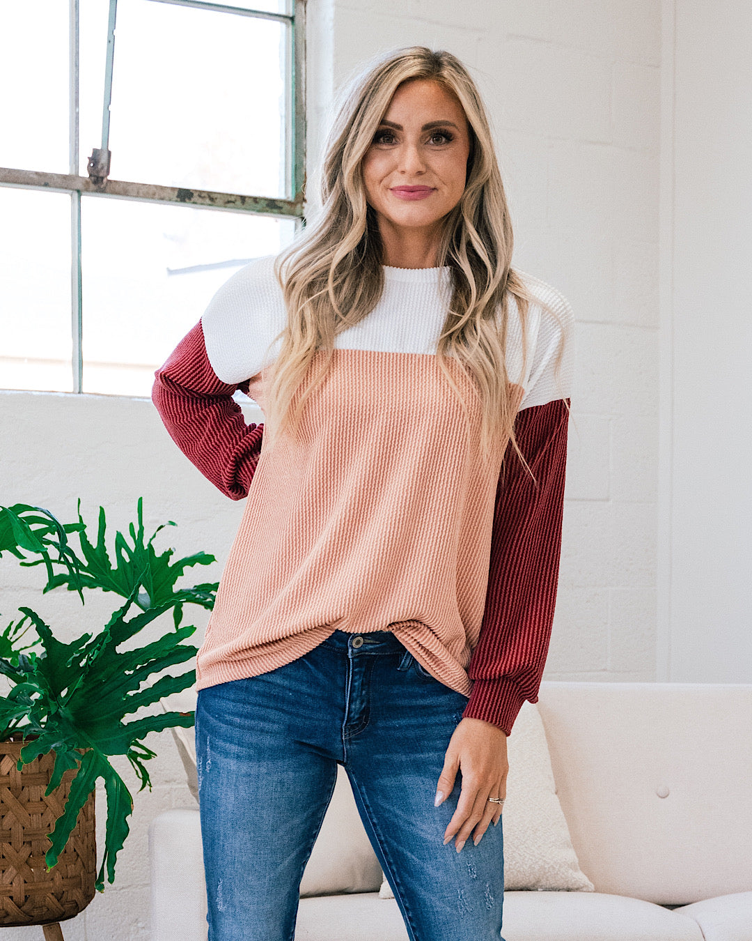 Adele Color Block Corded Top - Blush, Ivory and Burgundy  Lovely Melody   