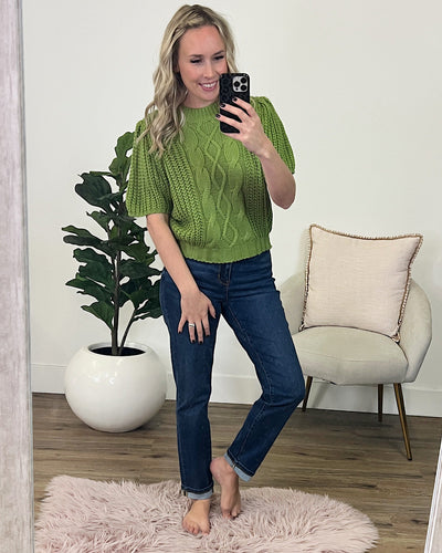 Gia Cable Knit Short Sleeve Sweater - Avocado  Ces Femme   