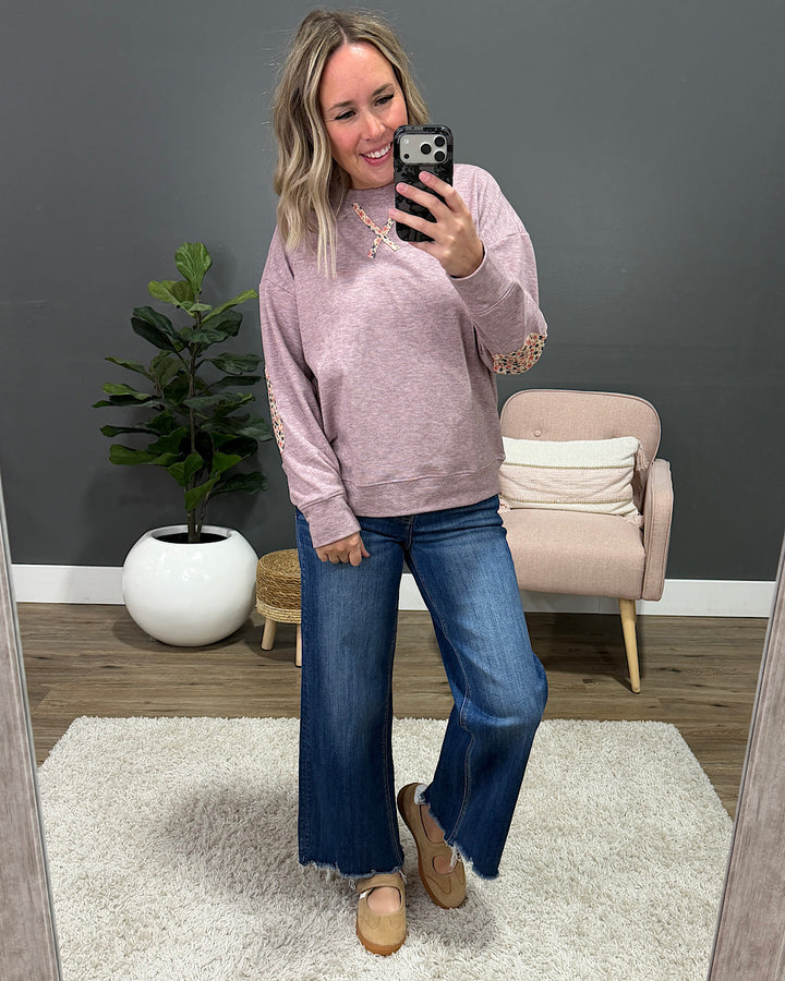 NEW! Laurel Elbow Patch Brushed Top - Dusty Lavender