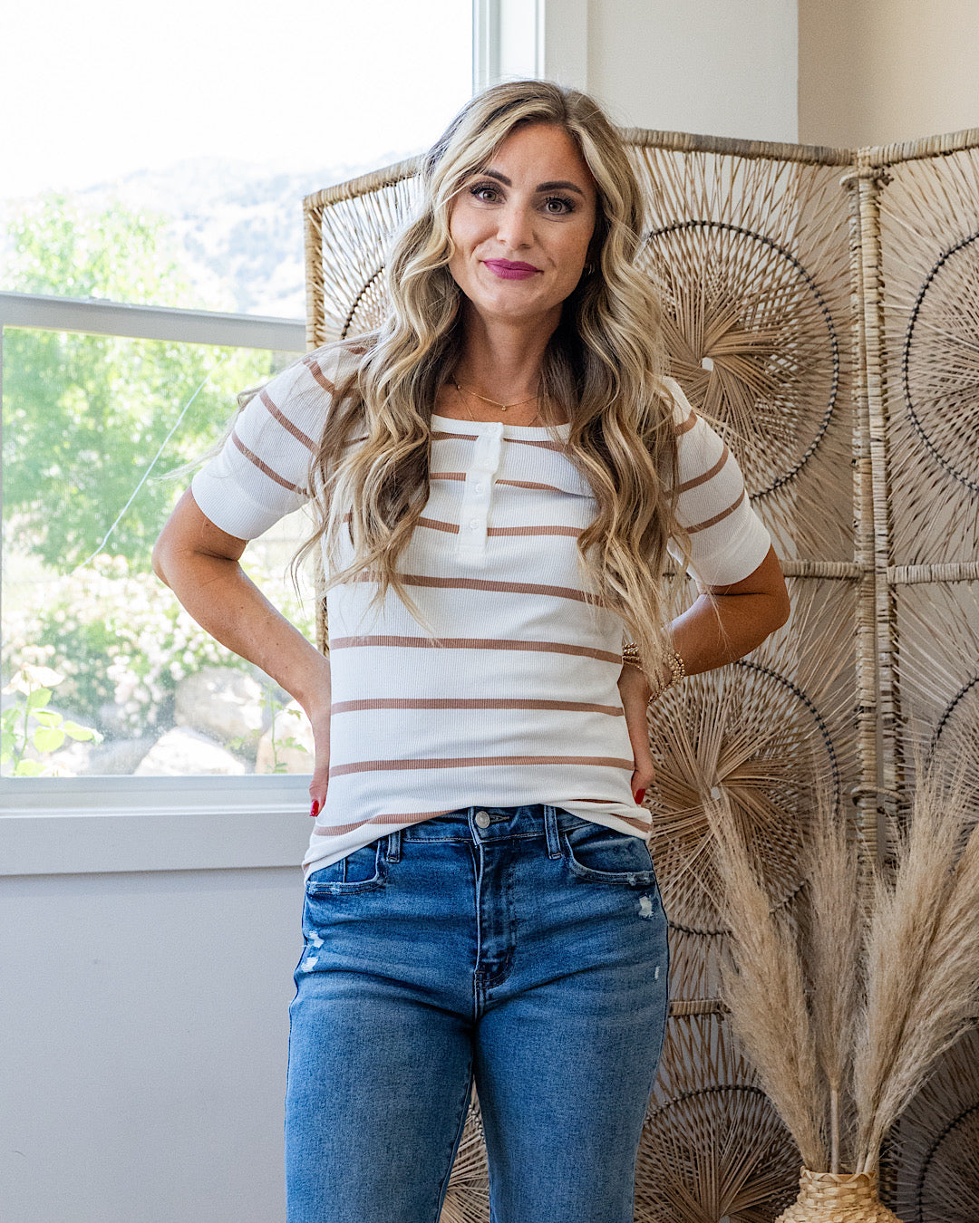 NEW! Carrie Ribbed Scoop Neck Striped Henley Top - Caramel Be Cool