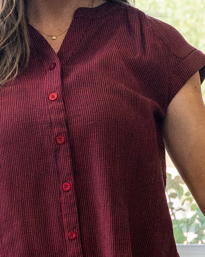 NEW! Denise Rolled Cuff Button Up Top - Burgundy
