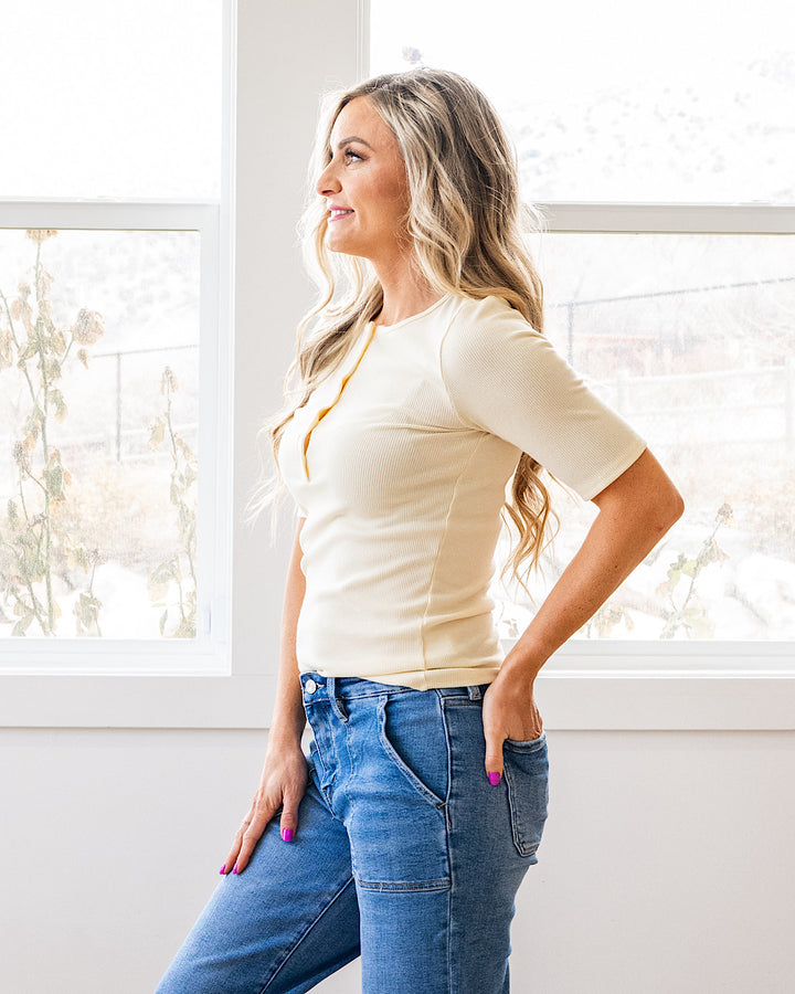 NEW! Emmy Micro Ribbed Henley Top - Butter Yellow