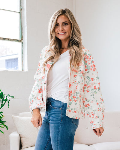 Daniela Ivory Denim Jacket with Coral Floral Print  Lovely Melody   