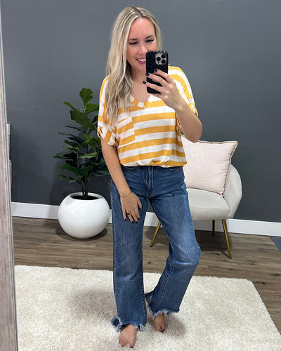 Jenna Stripe Boyfriend V Neck Top - Mustard  Sew In Love   