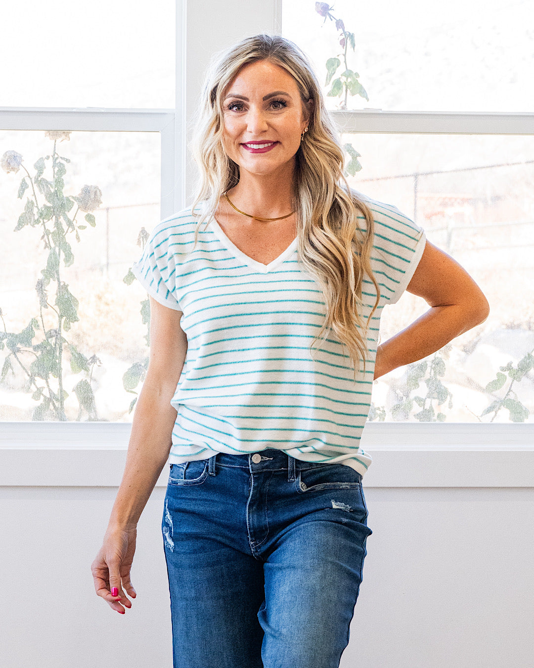 Candice Striped V Neck Sweater Top - Color Options Available! Staccato Green