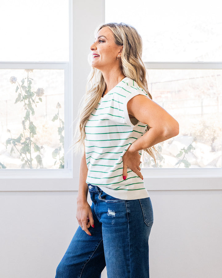 NEW! Allie Striped Short Sleeve Sweater - Ivory & Green Staccato