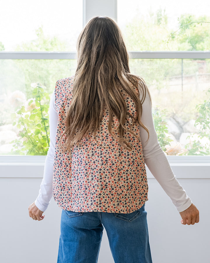 NEW! Juliana Floral Print Corduroy Vest - Cream & Pink