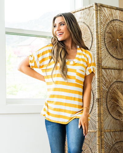 Jenna Stripe Boyfriend V Neck Top - Mustard  Sew In Love   