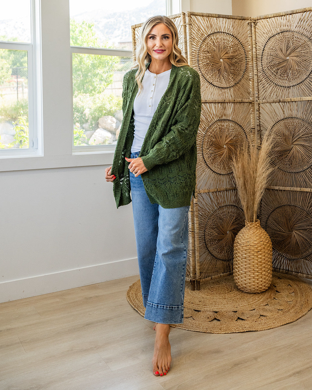 NEW! Roselin Pointelle Open Cardigan - Olive