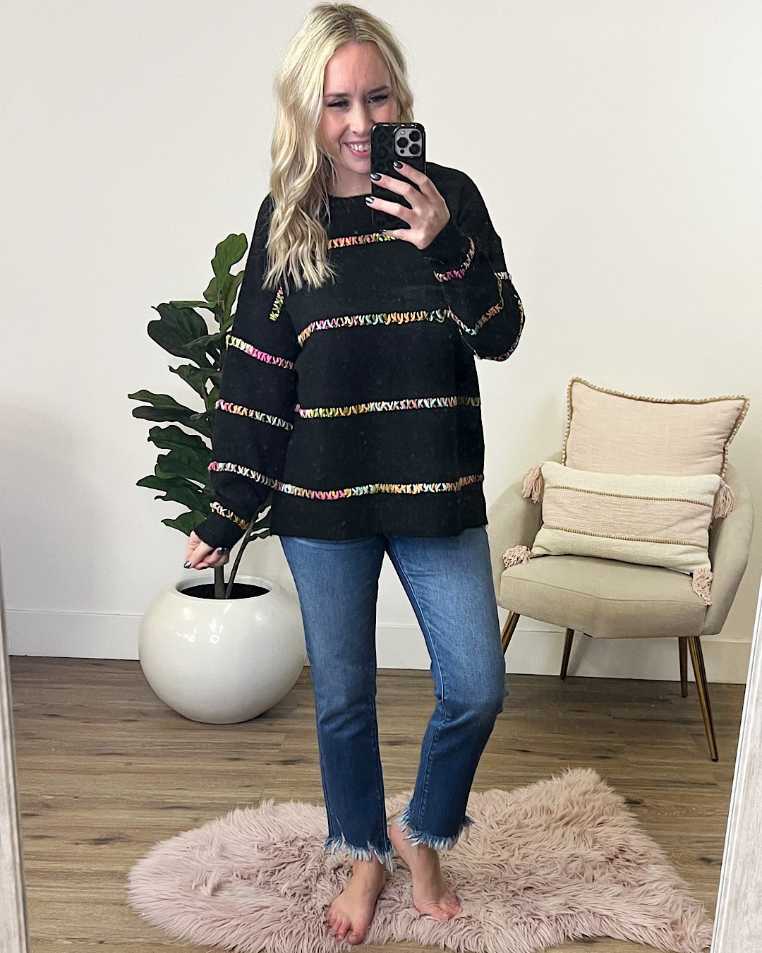 Dodged a Bullet Rainbow Stitch Sweater - Black  Staccato   