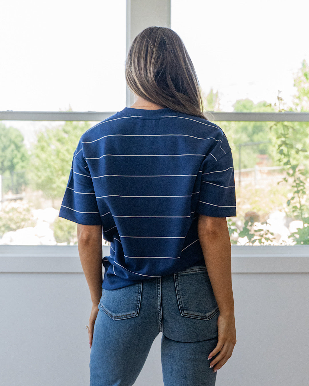 NEW! Macey Scuba Fabric Striped Top - Smoky Navy & Cream
