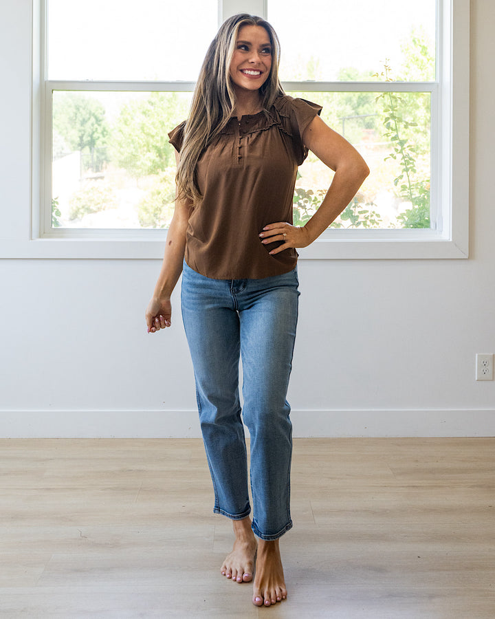NEW! Raya Ruffled Henley Top - Brown Mine