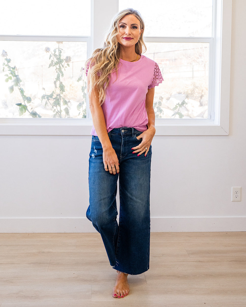 NEW! Cherilyn Crochet Sleeve Top - Lilac Staccato