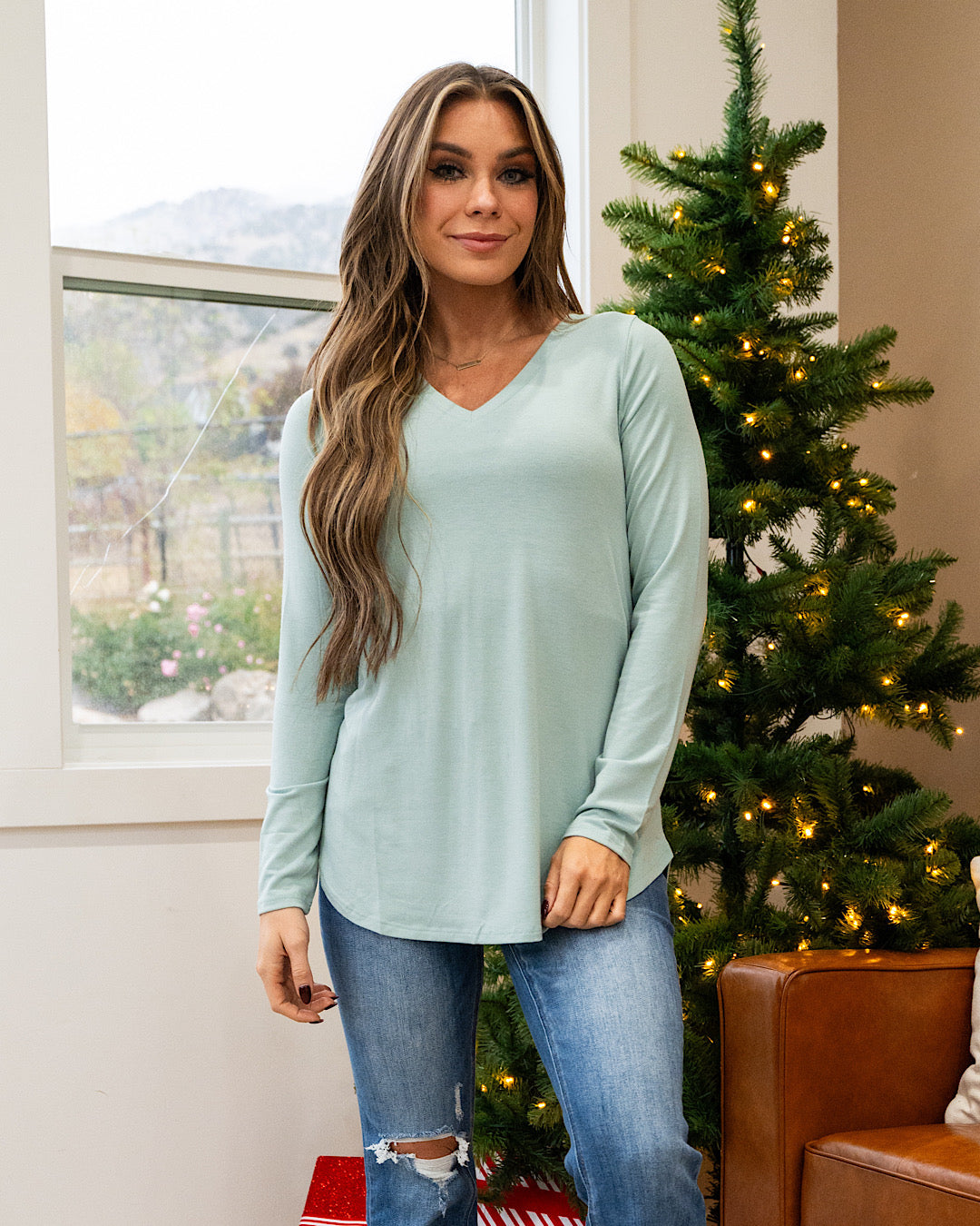 DOORBUSTER! V Neck Long Sleeve Top - Light Green Zenana