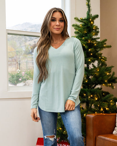 DOORBUSTER! V Neck Long Sleeve Top - Light Green Zenana