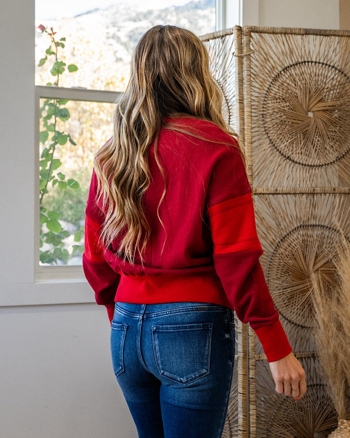 NEW! Mono B Varsity Color Block Fleece Crewneck - Garnet Red