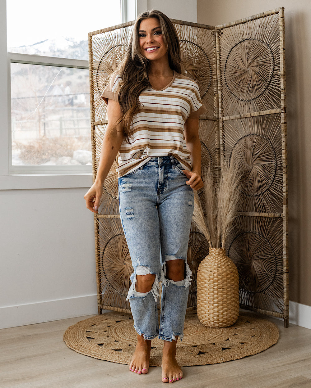 NEW! Kimmy Striped Color Block V Neck Top - Taupe Staccato