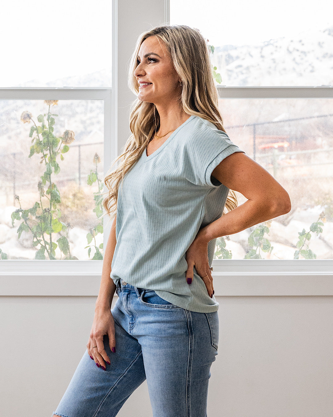 NEW! Winnie Pointelle V Neck Top - Light Aqua