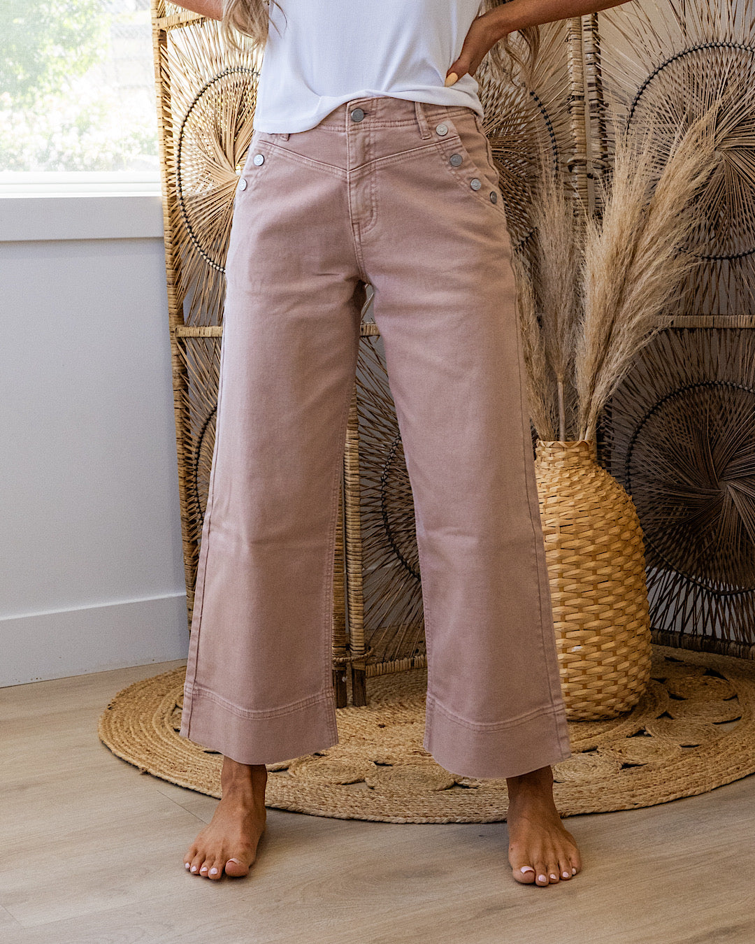 KanCan Harper Snap Detail Cropped Wide Leg Jeans - Dusty Rose KanCan