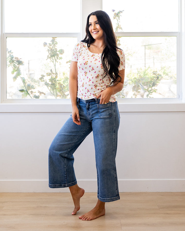 NEW! Reagan Floral Ribbed Top - Ivory & Pink