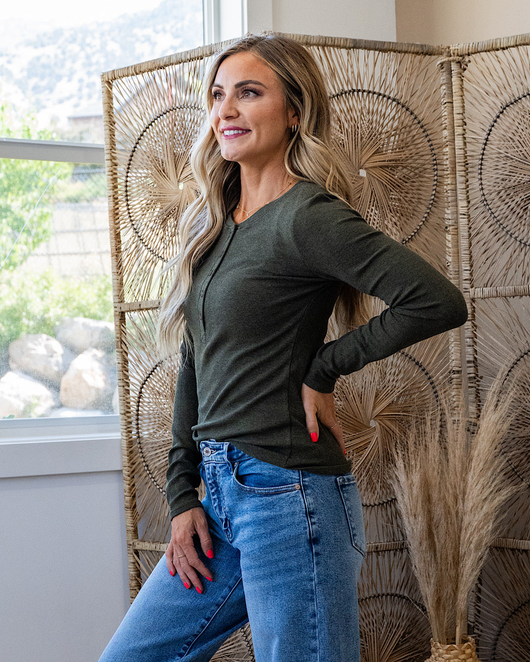 Cami Micro Ribbed Henley Top - Winter Forest Be Cool