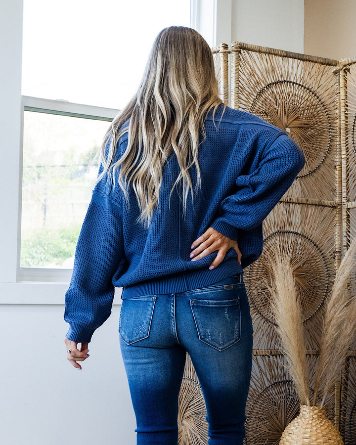 Evie Oversized Textured V Neck Sweater - Azurite Blue Heyson