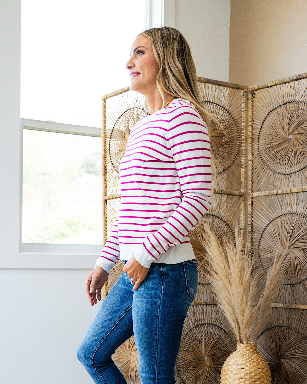 Camila Striped Crewneck Sweater - Hot Pink  Staccato   