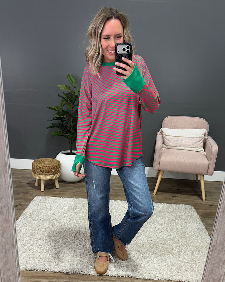 Not Too Sweet Striped Long Sleeve Top - Kelly Green & Pink SALE Sew In Love