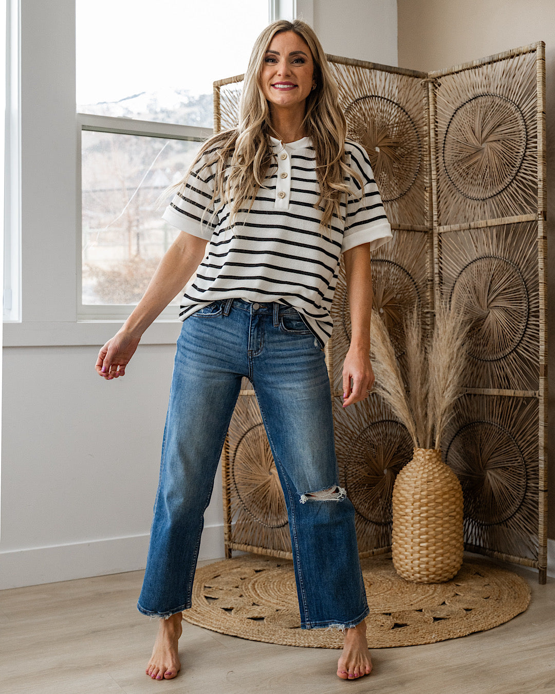 NEW! Find Yourself Striped Henley Top - Ivory & Black Lovely Melody