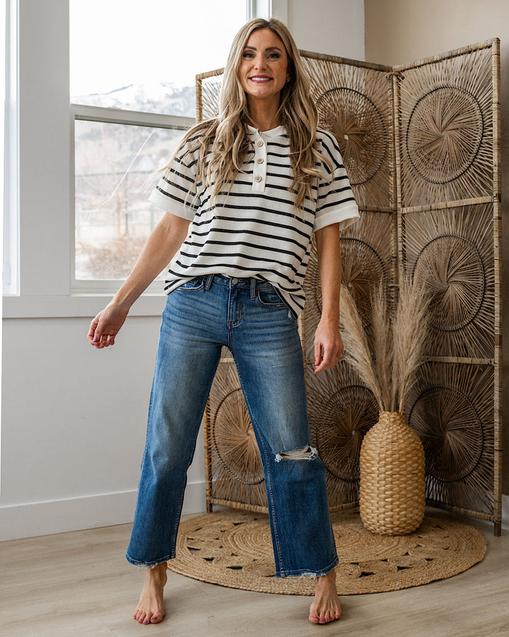 NEW! Find Yourself Striped Henley Top - Ivory & Black Lovely Melody