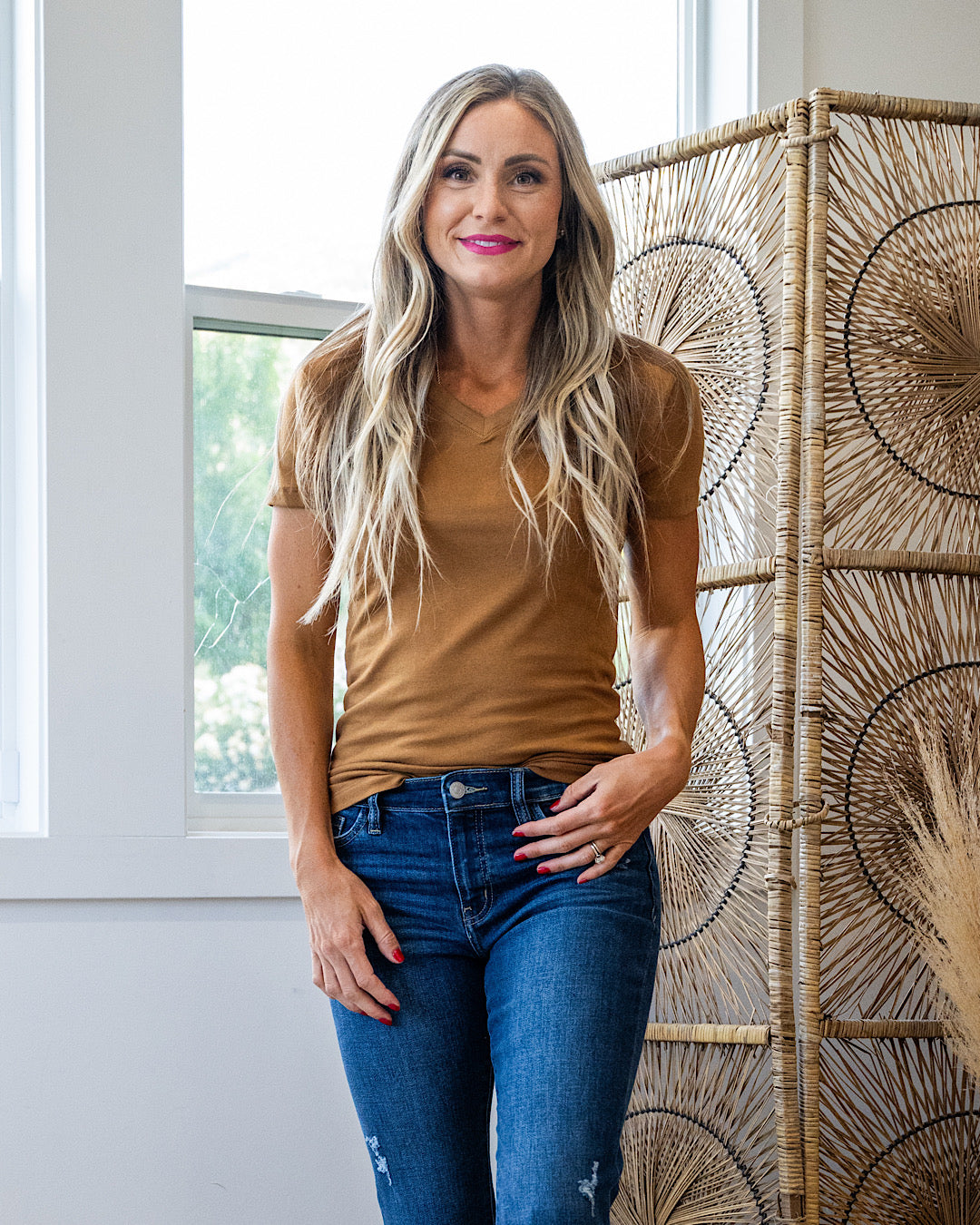 Essential V Neck Top - Deep Camel Zenana