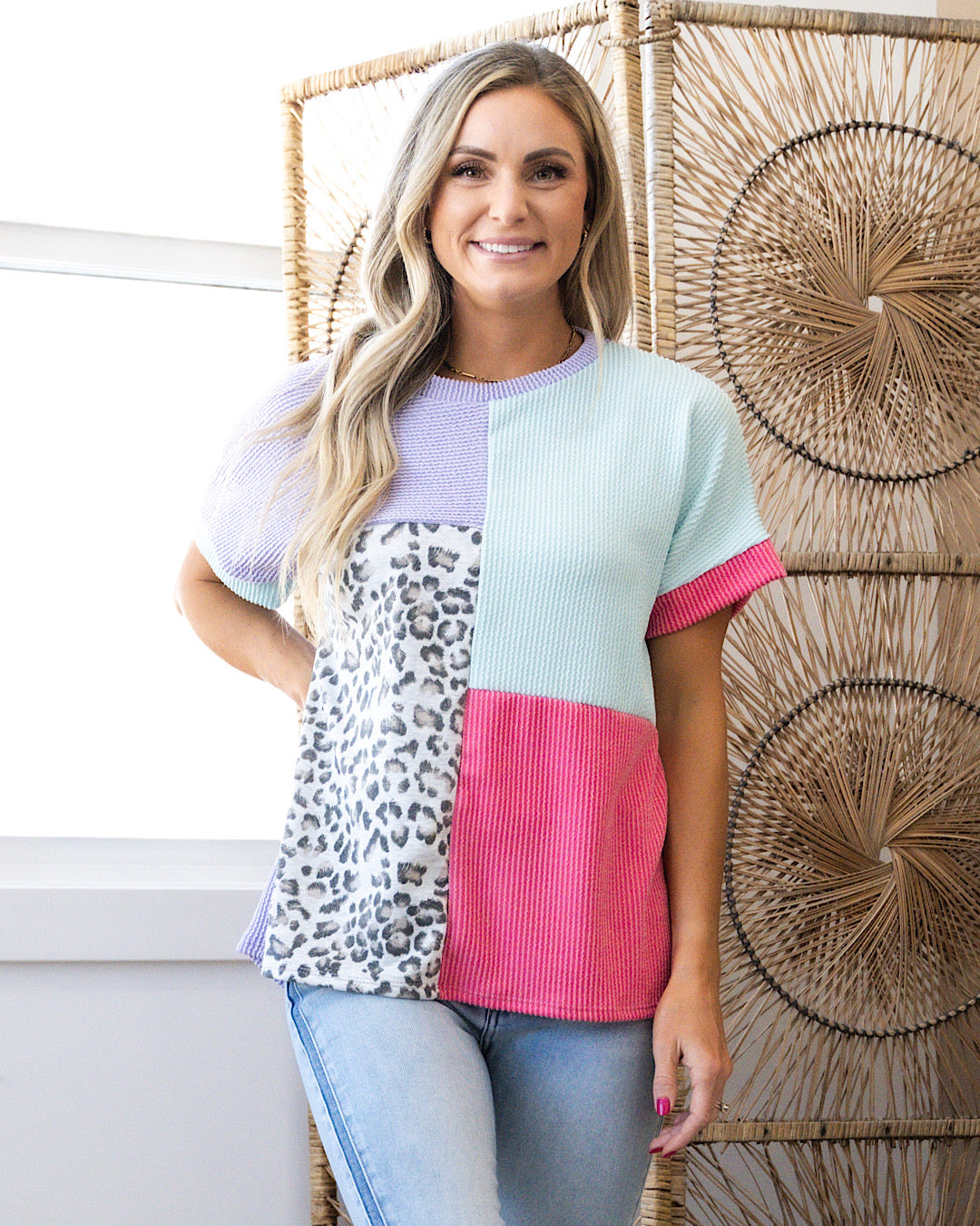 Daphne Leopard Corded Color Block Top - Lavender  Lovely Melody   