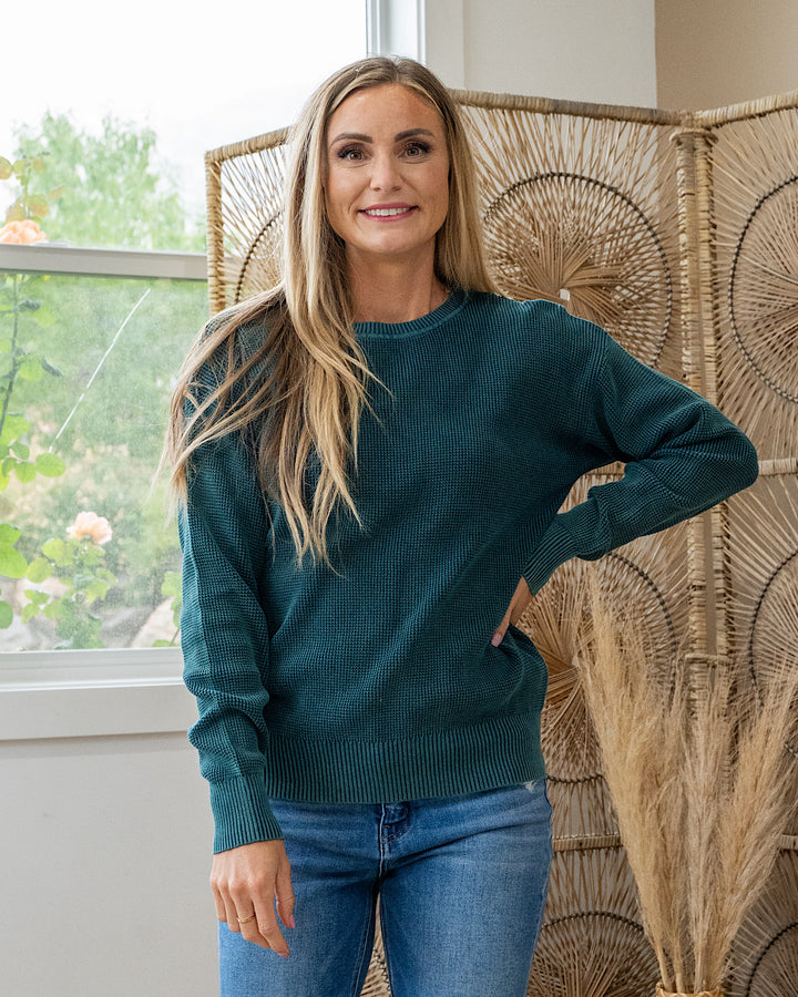 NEW! Called It All Off Washed Waffle Knit Sweater - Teal
