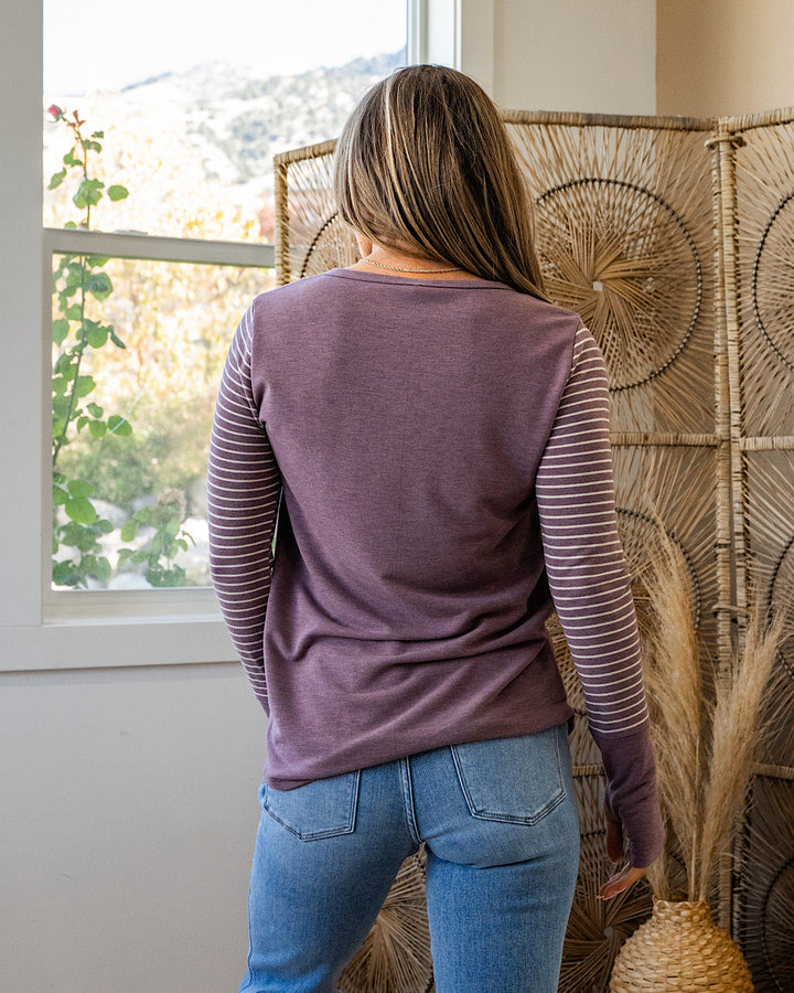 NEW! Eve Contrast Stripe Sleeve Henley Top - Vintage Mulberry 7th Ray