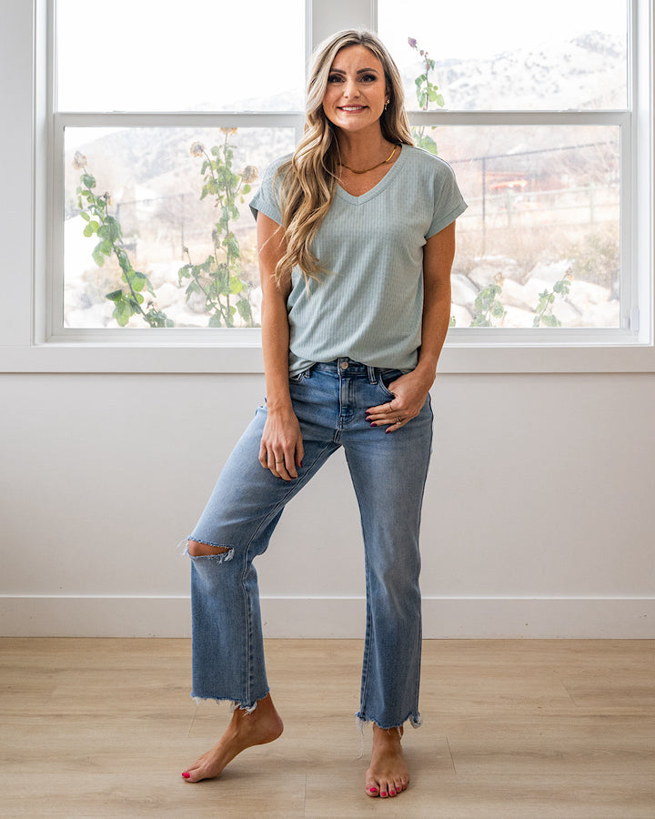 NEW! Winnie Pointelle V Neck Top - Light Aqua