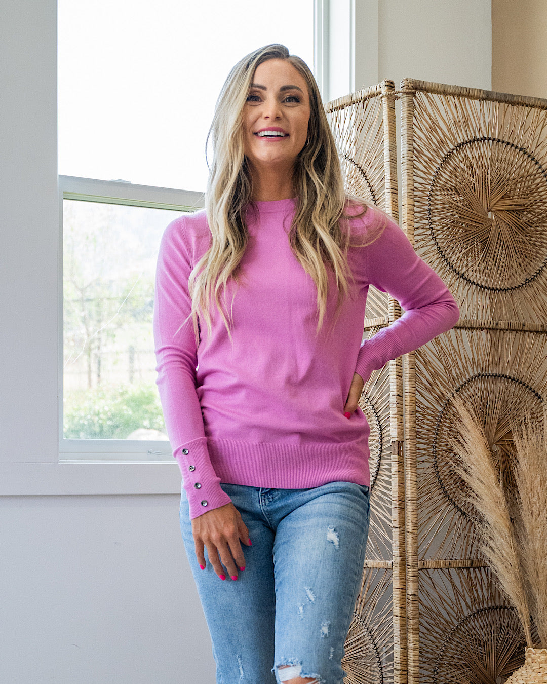 NEW! Staci Fine Knit Sweater with Button Detail - Pink  Staccato   