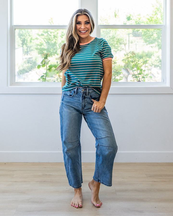NEW! Shauna Contrast Striped Top - Dark Jade