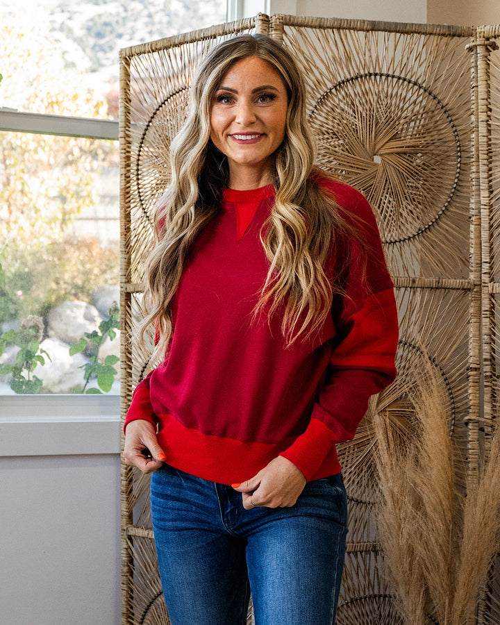 NEW! Mono B Varsity Color Block Fleece Crewneck - Garnet Red