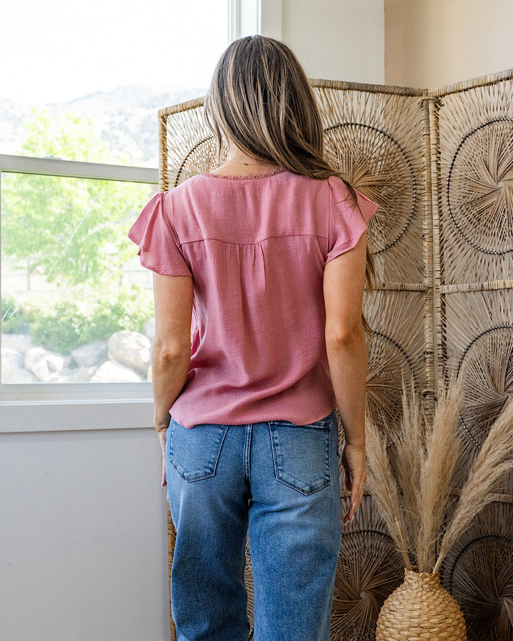 NEW! Evelyn Lace Detail Button Down Top - Mauve Mine