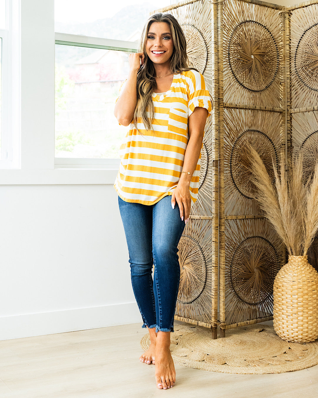 Jenna Stripe Boyfriend V Neck Top - Mustard  Sew In Love   